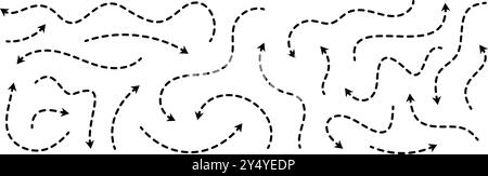 Schwarz gepunktete Pfeile gesetzt. Kollektion mit gewellten und geschwungenen gestrichelten Pfeilen. Skizzierte Doodle dünne Zeiger und Richtungslinien. Punktkonturen Streifen Design Elemente Bündel für Flyer, Poster, Broschüre. Vektor Stock Vektor