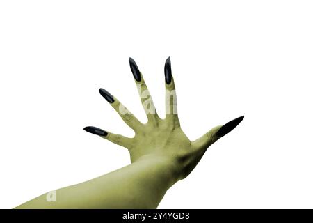 Hexenhände. Die Farbe ist grün. Böse, Zombie- oder Monster-Hand isoliert auf weißem Hintergrund. Halloween-Konzept Stockfoto