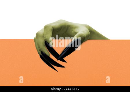 Hexenhände mit schwarzen Nägeln, die ein Brett auf weißem Hintergrund halten. Leere Platine für Kopierraum. Die Nägel sind lang und scharf. Das Bild hat ein gruseliges A Stockfoto