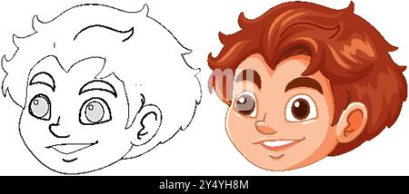 Farb- und Umrissversionen eines lächelnden Jungen Stock Vektor