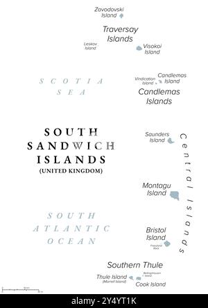 South Sandwich Islands, graue politische Karte. Teil des britischen Überseegebiets Südgeorgien und der Südsandwichinseln. Stockfoto