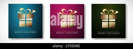 Goldenes weihnachtsgeschenk auf farbenfrohen, modernen Hintergründen, perfekt für weihnachtskarten. Vektorvorlage in drei Farben Stock Vektor