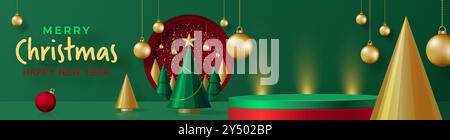 3D Podium rund auf der Bühne, für frohe Weihnachten und ein glückliches neues Jahr und Festivals oder Begrüßungsfest auf Papier geschnittene Kunst und Kunsthandwerk mit farbigem Hintergrund Stock Vektor