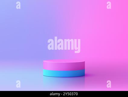 Zylindrisches 3D-Podium mit rosafarbenem und blauem Farbverlauf auf reflektierender Oberfläche für moderne Produktanzeige, Modellerstellung und Showroom Showcase Stock Vektor