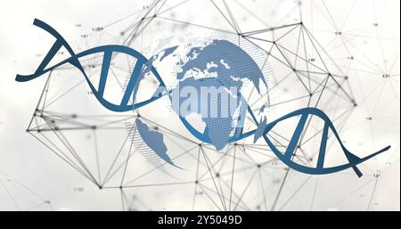 Bild von Globus und dna-Strang über Netzwerk von Verbindungen auf weißem Hintergrund Stockfoto