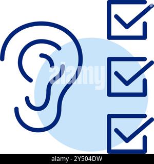 EAR und Liste der Häkchen. Gehörbeurteilung, regelmäßige Untersuchung oder aktiver Hörtest. Pixelperfektes, bearbeitbares Konturvektorsymbol Stock Vektor