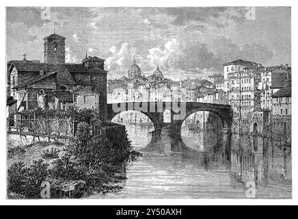 Vintage 1880 Gravur des Pons Fabricius oder Ponte dei Quattro Capi über dem Tiber in Rom, Italien. Aus dem Buch „illustrierte Reisen“. Stockfoto