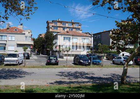 Ein sonnendurchfluteter Straßenpark in einem ruhigen Viertel mit Wohnarchitektur aus der Mitte des Jahrhunderts und geparkten Autos Stockfoto