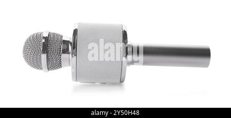 Ein silbernes Karaoke-Mikrofon isoliert auf weiß Stockfoto