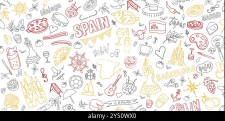 Spanien Symbol Element Bunte Doodle Line Art Illustration. Handgezeichneter Vektorclip Art. Banner-Hintergrund Stock Vektor