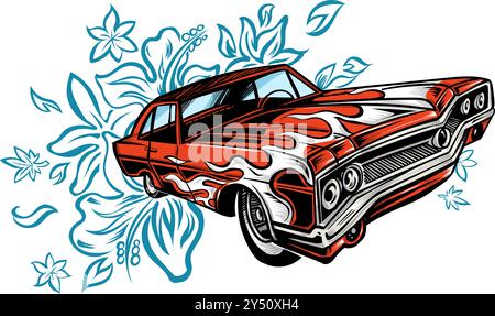 Oldtimer-Cartoon mit Blumen. Sommer Vibes Handzeichnung. Vektorabbildung Stock Vektor