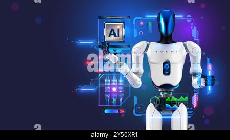 Humanoide anthropomorphe Roboter mit KI oder künstliche Intelligenz arbeiten mit virtueller Schnittstelle. Roboter oder Cyborg hält elektronischen KI-Chip oder CPU in der Hand Stock Vektor