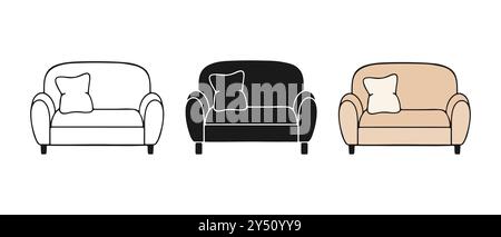 Sofas Set von Symbolen für den Innenraum, handgefertigte Kritzelzeichnung in verschiedenen Stilen - Konturgrafie, Silhouette und Farbzeichnung. Isoliert auf einem weißen Rücken Stock Vektor