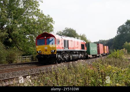 Diesellokomotive DB-Baureihe 66 Nr. 66117 mit freightliner-Zug, Warwickshire, Großbritannien Stockfoto