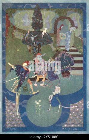 WAS KANN ICH SONST NOCH TUN? FRAGTE CHANTICLEER VON DEN CHORISTERN VON ST. GUDULE Folk Tales of Flanders Illustrated by Jean de Bosschère (* 5. Juli 1878–Châteauroux, 17. Januar 1953) war ein belgischer Schriftsteller und Maler, der 1919 von Dodd, Mead & Company veröffentlicht wurde Stockfoto