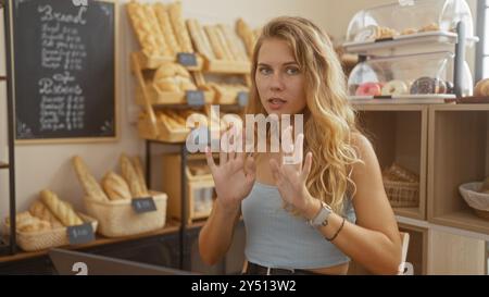 Junge blonde Frau, die drinnen in einem gemütlichen Bäckereiraum mit Regalen mit frischem Brot steht, zeigt eine attraktive und schöne Umgebung für einen Lebensmittelgeschäft Stockfoto