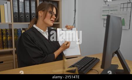 Junge Anwältin im Büro in schwarzem Gewand, die Videokonferenz mit juristischen Dokumenten auf dem Bildschirm zur Kundenberatung durchführt Stockfoto