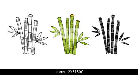 Setzen Sie Bambuszweige auf einen weißen Hintergrund. Sticks mit jungen Bambussprossen, Doodle-Konturlinien, Silhouette und farbige Illustration. Vektorillustr Stock Vektor