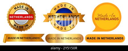 Hergestellt in den Niederlanden Stempel Gold gelbe Abzeichen hergestellt Produkt Export Werbung Design Set Sammlung Stock Vektor