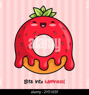 Süßer Erdbeerdonut mit Tropfen fallender roter Glasur. Lustige Karte mit Cartoon Kawaii Charakter Beeren Backen. Vektorabbildung. Kinder-Sammlungen Stock Vektor