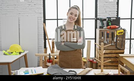 Selbstbewusste junge Frau mit überkreuzten Armen in einer gut ausgestatteten Tischlerei drinnen. Stockfoto