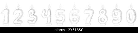 Set aus Geburtstagskerzennummern mit brennenden Flammen im Doodle-Stil. Dekoration für Kuchen. Für Grußkarte, Banner, Einladung, Aufkleber. Handgezeichnet Stock Vektor