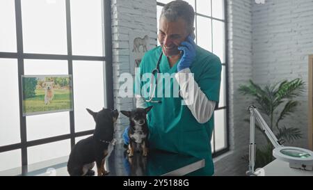 Ein hispanic-Mann mittleren Alters Tierarzt in einer Klinik mit zwei Chihuahuas auf einem Tisch, lächelnd, während er telefoniert. Stockfoto