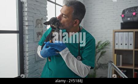 Ein Mann mittleren Alters Tierarzt in einer Klinik hält und küsst einen chihuahua-Hund mit medizinischen Handschuhen. Stockfoto