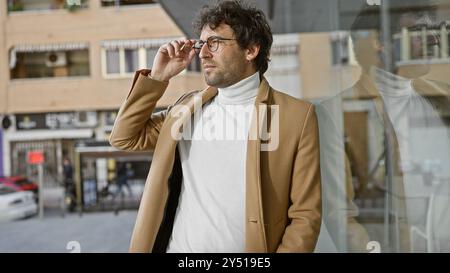 Ein stilvoller Mann mit Brille und braunem Mantel passt seine Rahmen an, während er auf einer geschäftigen Straße steht. Stockfoto