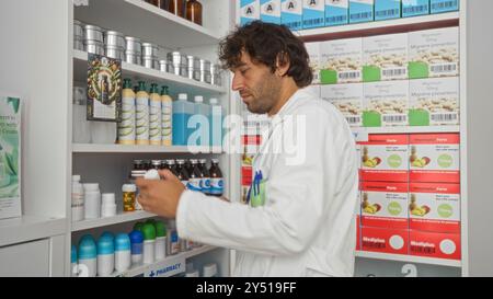 Der Apotheker arbeitet in einer Apotheke in Regalen, die mit verschiedenen Medikamenten und Gesundheitsprodukten bestückt sind und sich auf die Organisation von Artikeln in einem klinischen setti konzentriert Stockfoto