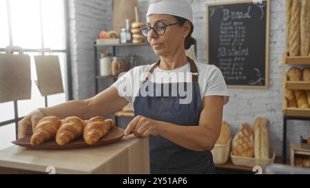 Reife Frau, die in einer Bäckerei arbeitet und frisch gebackene Croissants auf einem Holztablett mit Brotregalen im Hintergrund platziert Stockfoto