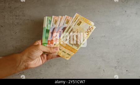 Hand mit norwegischen Banknoten vor einem konkreten Hintergrund, wobei verschiedene Stückelungen der Krone in norwegens Währung hervorgehoben werden Stockfoto