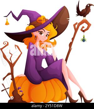 Eine Zeichentrickhexe in einem lila Kleid sitzt auf einem Kürbis, trägt einen großen Hut mit Schädelschmuck, neben einer Krähe und einem gruseligen Baum. Stock Vektor