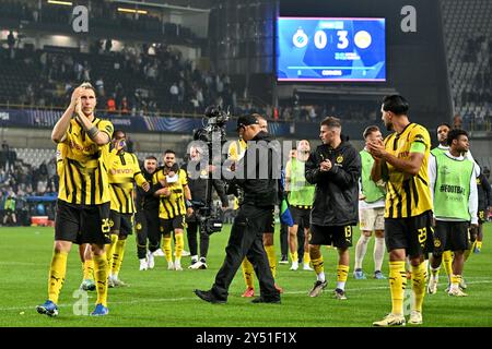 Brügge, Belgien. September 2024. Players of Dortmund feiert am Freitag, den 18. September 2024, in Brügge, Belgien, am 1. Tag der UEFA Champions League Phase der Saison 2024-25 ein Fußballspiel zwischen dem Belgischen Club Brugge KV und der Deutschen Borussia Dortmund. Quelle: Sportpix/Alamy Live News Stockfoto