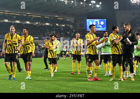 Brügge, Belgien. September 2024. Players of Dortmund feiert am Freitag, den 18. September 2024, in Brügge, Belgien, am 1. Tag der UEFA Champions League Phase der Saison 2024-25 ein Fußballspiel zwischen dem Belgischen Club Brugge KV und der Deutschen Borussia Dortmund. Quelle: Sportpix/Alamy Live News Stockfoto