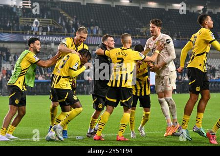 Brügge, Belgien. September 2024. Players of Dortmund feiert am Freitag, den 18. September 2024, in Brügge, Belgien, am 1. Tag der UEFA Champions League Phase der Saison 2024-25 ein Fußballspiel zwischen dem Belgischen Club Brugge KV und der Deutschen Borussia Dortmund. Quelle: Sportpix/Alamy Live News Stockfoto