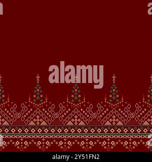 Kreuzstich idianisches Kleidermuster in bunten geometrischen traditionellen ethnischen Textilien nahtlose Pixel-Kunstmuster Folk traditioneller schwarzer Hintergrund. Stock Vektor