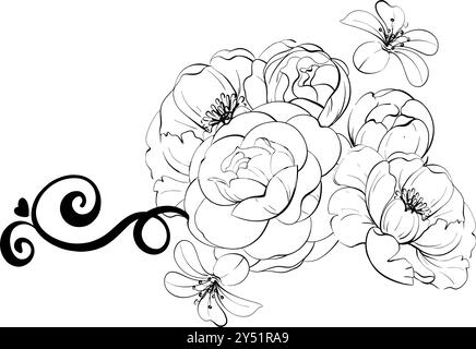 Blumenstrauß-Rosen, Pfingstrosen-Muster, Arrangement. Romantische Frühlingsblume mit Blättern, Locken im Vintage-Stil. Grafische Vektorlinie, handgezeichnet, schwarz Stock Vektor