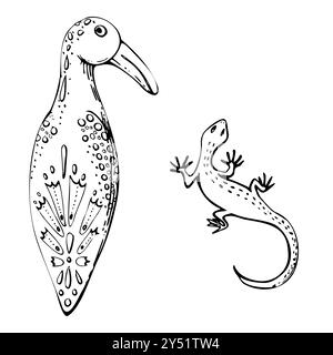 Traditionelle mexikanische Porzellan Holzkeramik Figur, Vogel mit Blumenschmuck, Eidechsengecko. Handgezeichneter Tintenvektor isolierte Illustration Stock Vektor