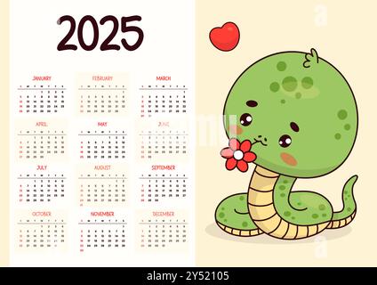 Jahreskalender 2025. Süße Schlangenkawaii-Figur mit Blume. Horizontale Vektor-Vorlage 12 Monate auf Englisch. Woche beginnt Sonntag. 2025 Jahre Schlange ac Stock Vektor