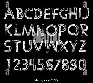 Handgeschriebene Kalligraphie. Alphabet des Grafikvektors. Die schwarzen Buchstaben und Zahlen auf weißem Hintergrund. Kreideschrift. Stock Vektor