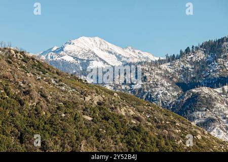 Schneebedeckte Berggipfel über den üppig grünen Tälern Stockfoto