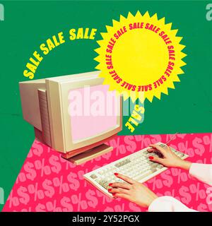 Zeitgenössische Kunstcollage. Online-Shopping, Design im Retro-Stil. Weibliche Hände, die in der Computertastatur tippen. Große Verkaufssaison. Vektorabbildung. Stock Vektor