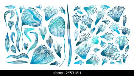 Set blauer Blumen vom Linienbauer. Handzeichnung. Nicht AI, Vektorillustration Stock Vektor