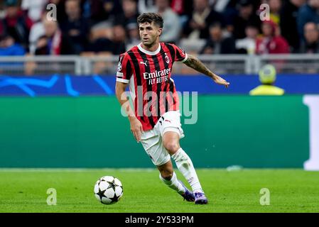 Mailand, Italien. September 2024. Christian Pulisic vom AC Milan während des MD1-Spiels der UEFA Champions League 2024/25 zwischen dem AC Milan und Liverpool FC im Stadio San Siro am 17. September 2024 in Mailand. Quelle: Giuseppe Maffia/Alamy Live News Stockfoto