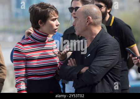 Eduard Fernandez, der spanische Schauspieler Tomas Martin, die spanische Schauspielerin Greta Fernandez und Alex Monner besuchten La hija de un Ladron / Tochter Eines Diebes während des 67. San Sebastian International Film Festivals am 25. September 2019 im Kursaal Palace in Donostia/San Sebastian, Spanien. Stockfoto
