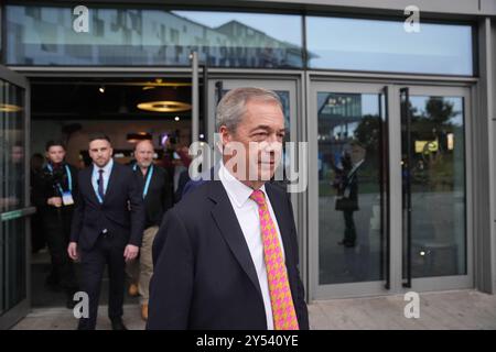 Nigel Farage, der Vorsitzende der Reform UK, kommt zur jährlichen Konferenz der Partei im National Exhibition Centre in Birmingham. Bilddatum: Freitag, 20. September 2024. Stockfoto