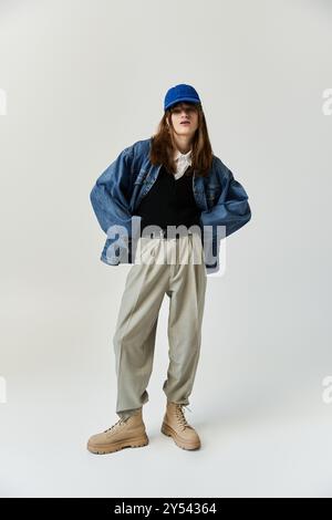 Ein junger Mann zeigt sein trendiges Outfit und seine Attitüde in einem sauberen, hellen Raum. Stockfoto