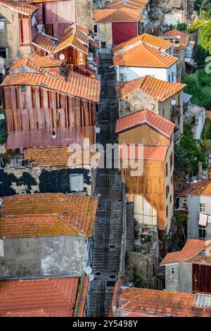 Eine Reihe von Häusern mit roten Dächern und braunen Wänden. Die Häuser sind in einer Reihe angeordnet, von denen einige Balkone haben. Die Szene ist eine malerische Szene. Porto, Stockfoto