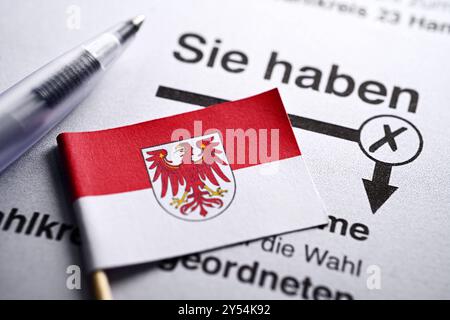 Fahne von Brandenburg auf einem Stimmzettel, Symbolfoto Landtagswahl in Brandenburg *** Flagge Brandenburgs auf einem Stimmzettel, symbolische Foto Landtagswahl in Brandenburg Stockfoto